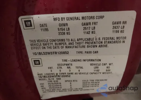 1996 Chevrolet Caprice Classic из США, поврежденный, VIN 1G1BL52W3TR120852